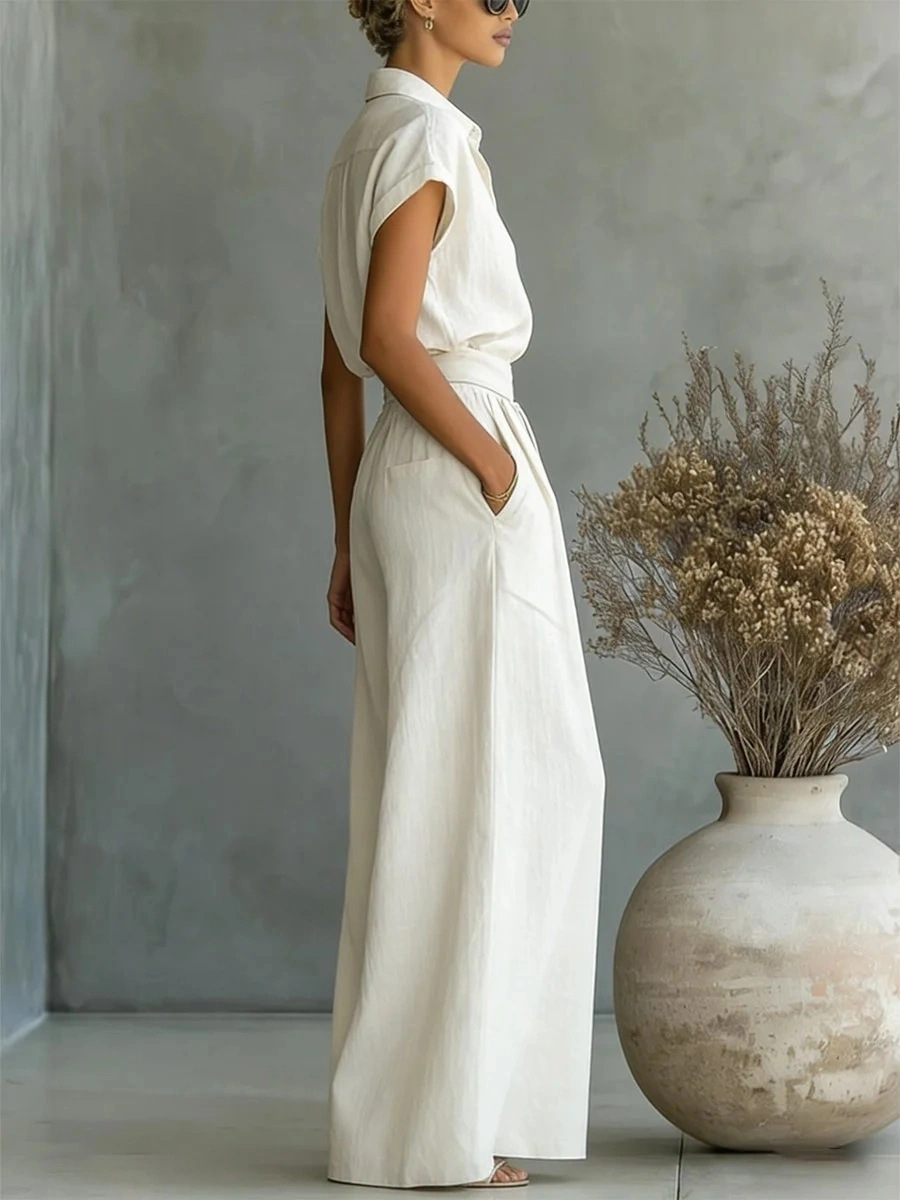Women's Fashion Casual Solid Color Shirt Wide Leg Pants Two-piece Set