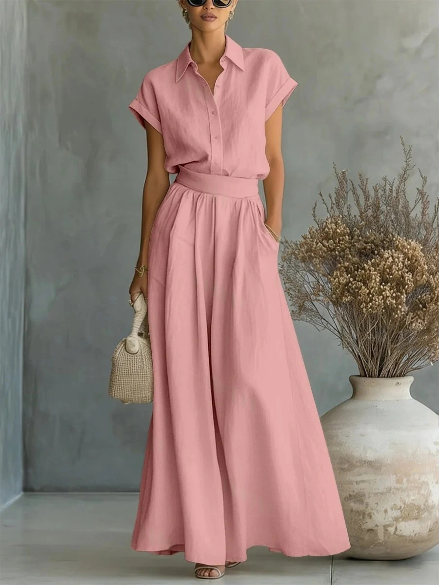 Women's Fashion Casual Solid Color Shirt Wide Leg Pants Two-piece Set