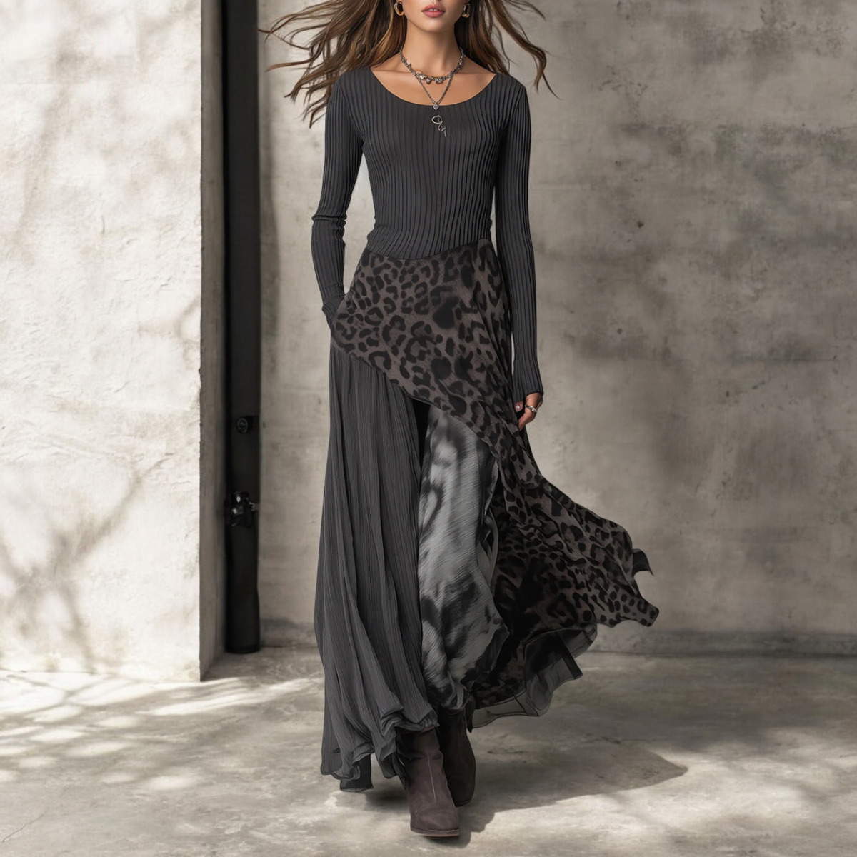 Stylish Leopard Print Patchwork Casual Long-sleeved Maxi Dress