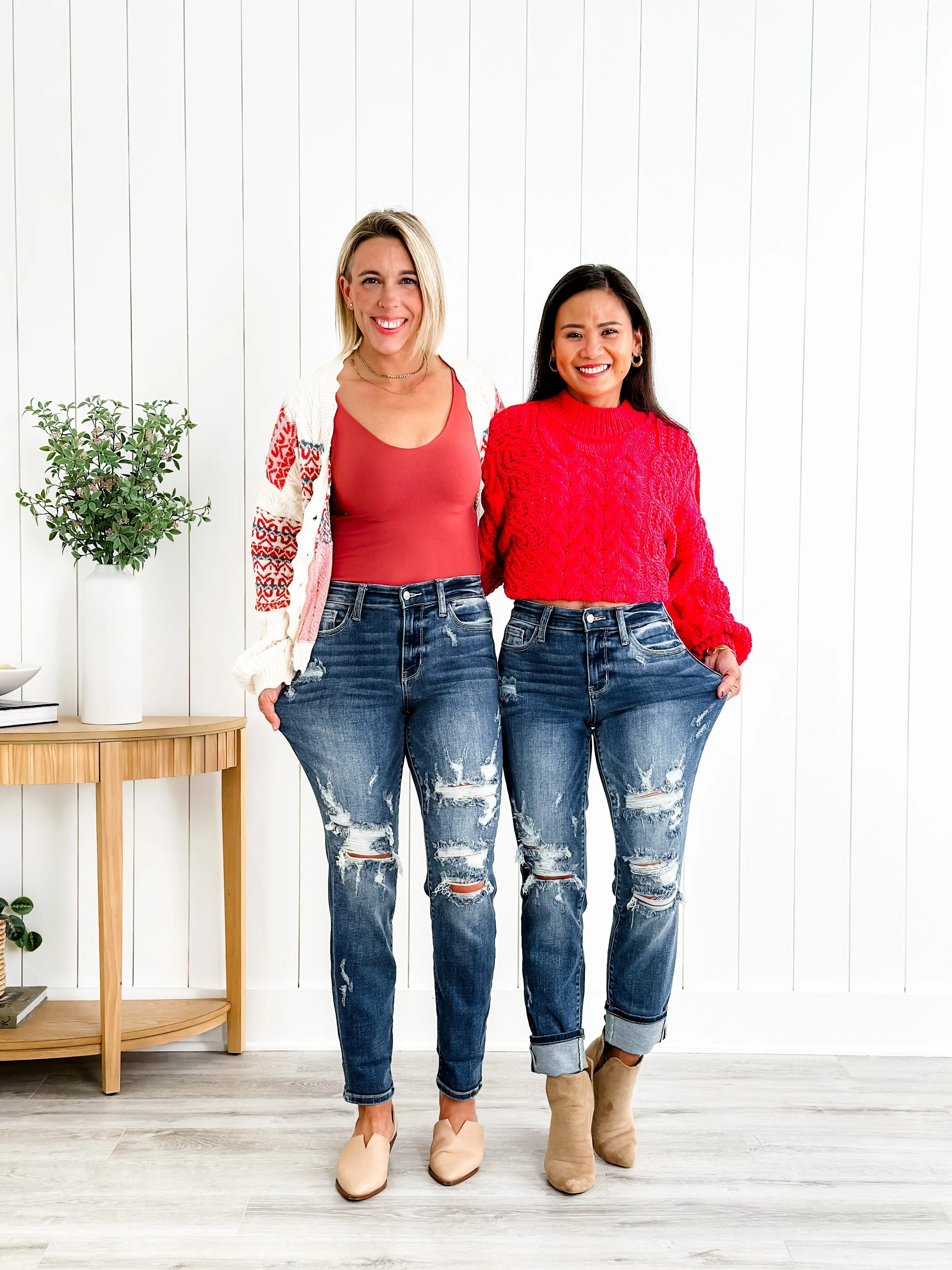 Tummy Control Distressed Cuffed Boyfriend Jeans