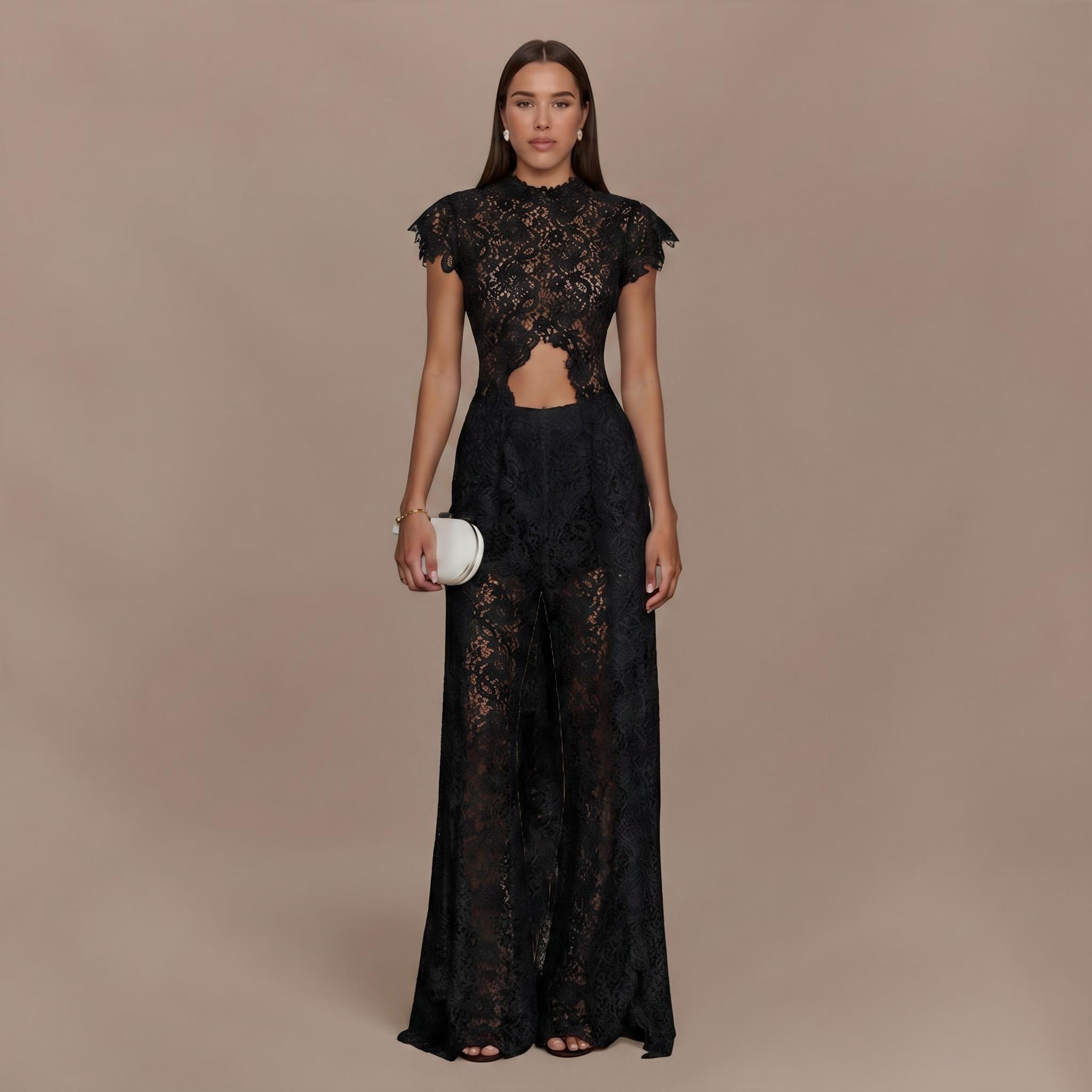 Lace Long-sleeved Top And Wide-leg Pants Set