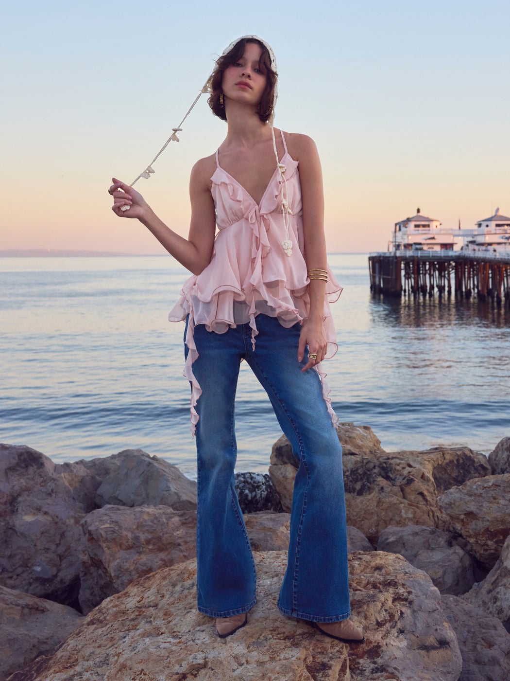 Chiffon V-neck Ruffled Hem Top