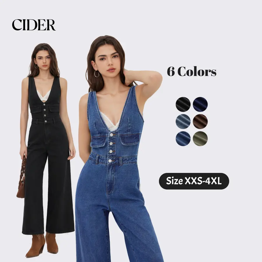 Denim V-neck Button & Pocket Wide Leg Jumpsuit