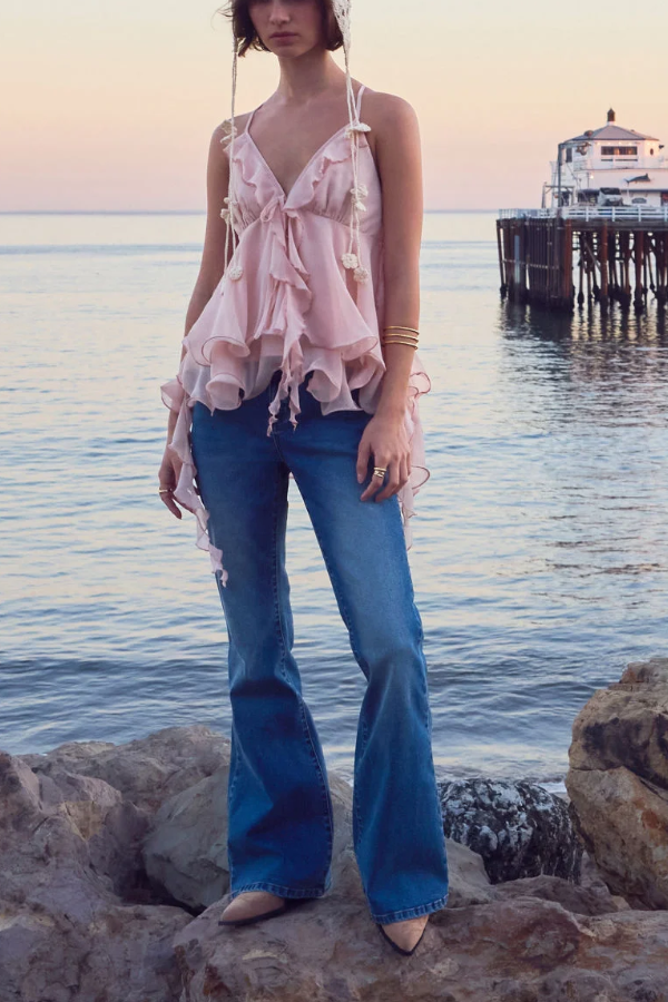 Chiffon V-neck Ruffled Hem Top