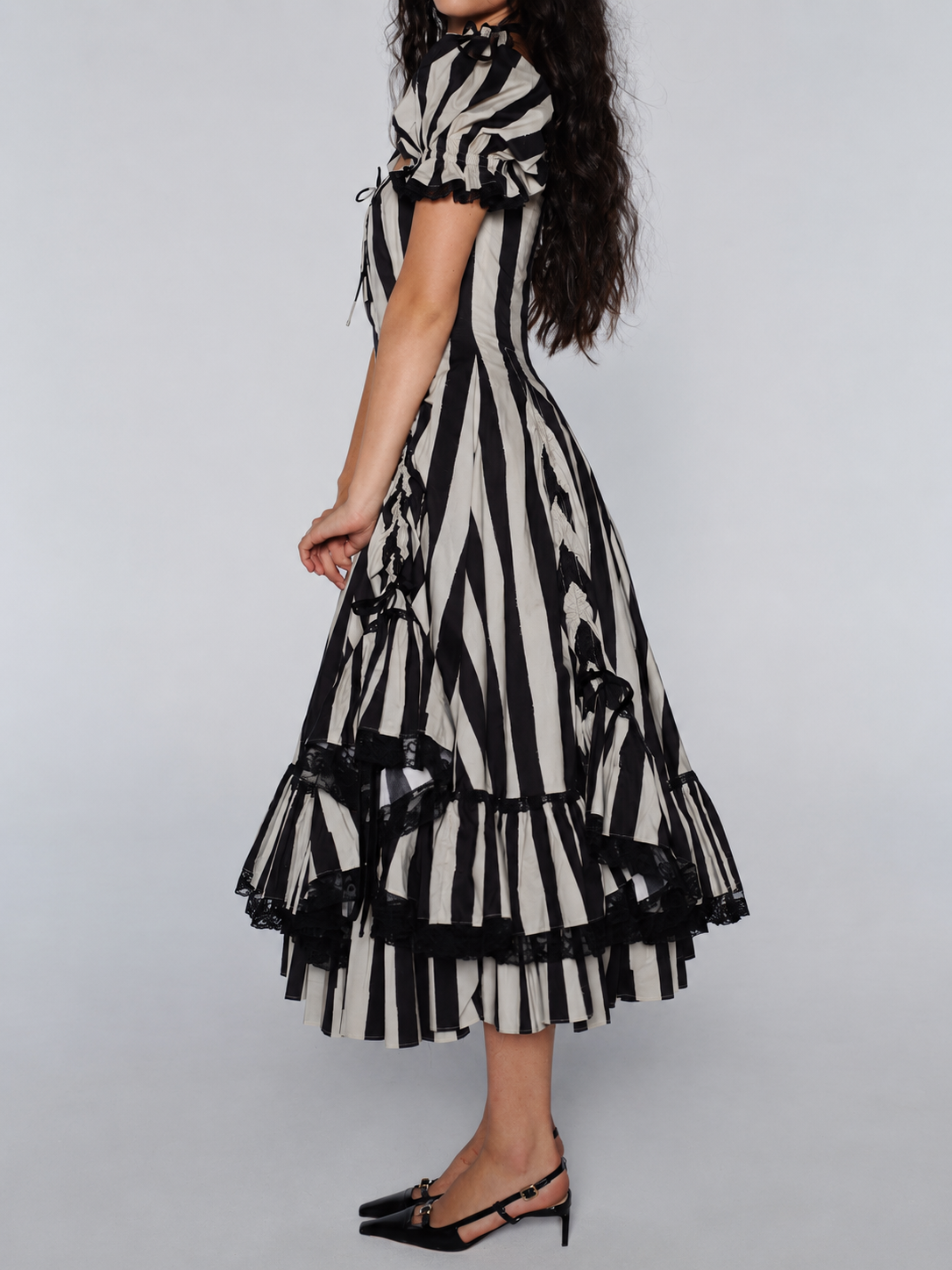 Vintage Gothic Striped Lace Midi Dress