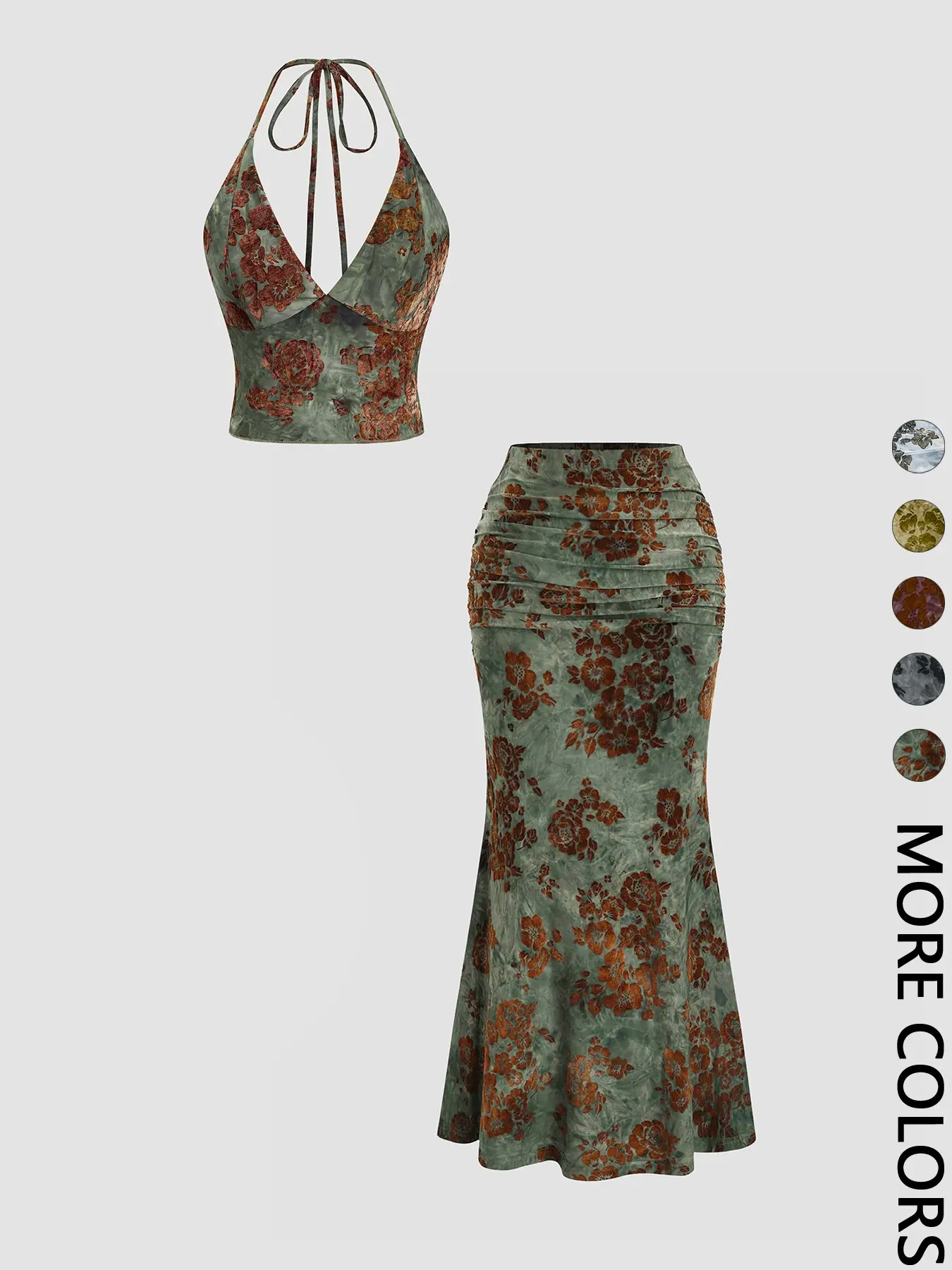 Floral Deep V Neck Crop Top & Fish Tail Skirt Set