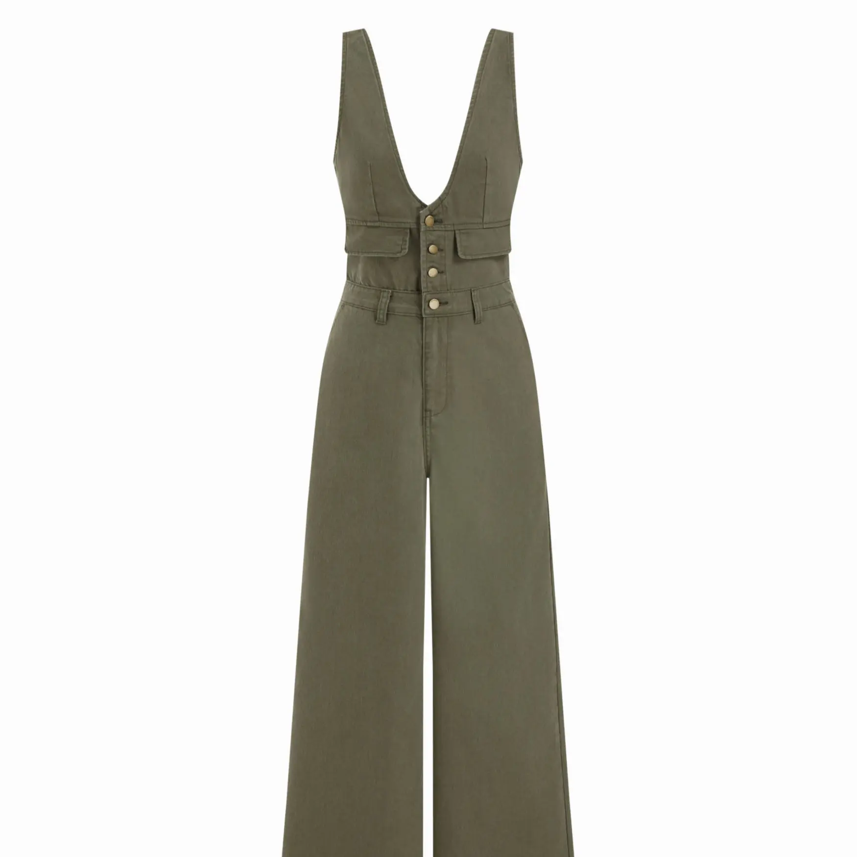 Denim V-neck Button & Pocket Wide Leg Jumpsuit