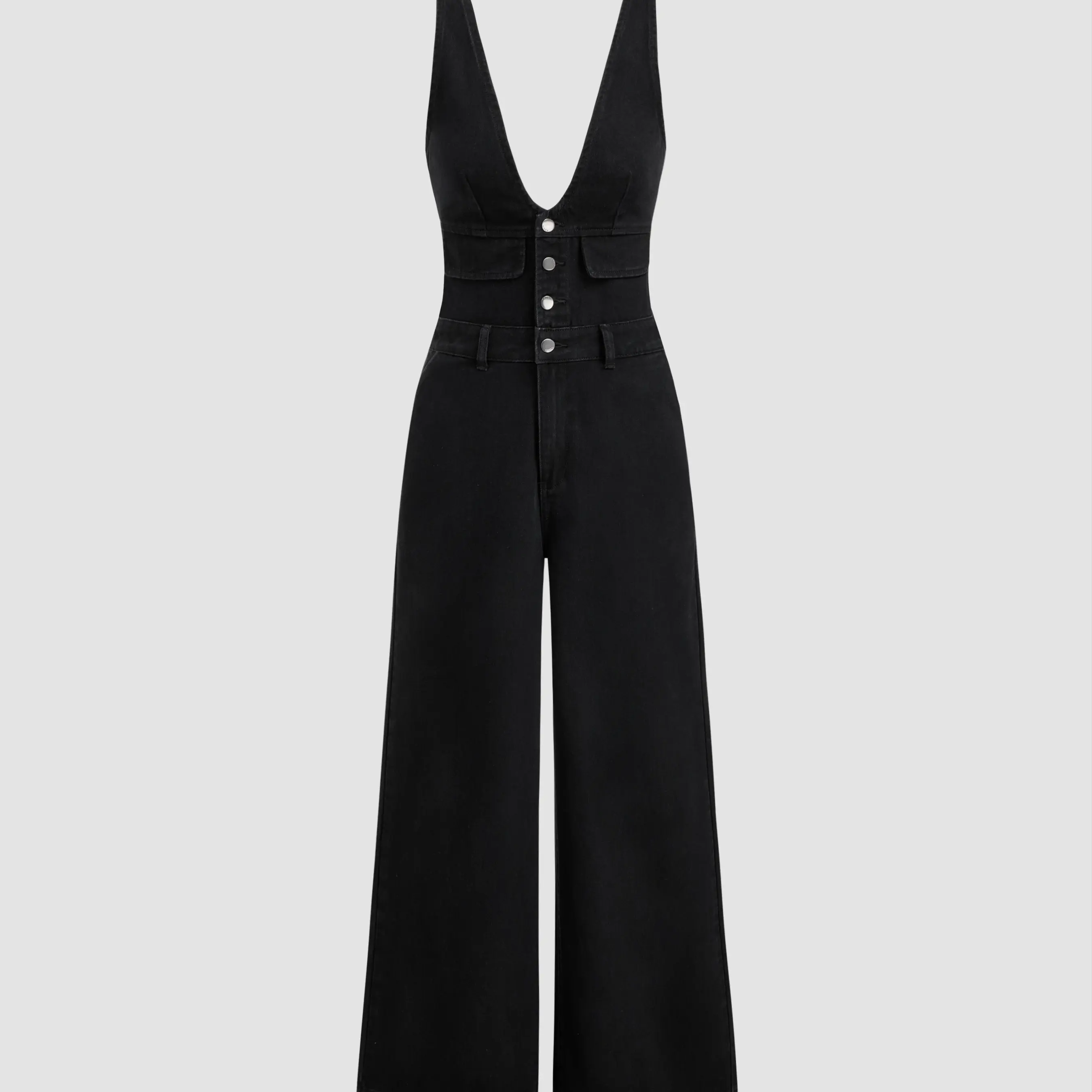 Denim V-neck Button & Pocket Wide Leg Jumpsuit