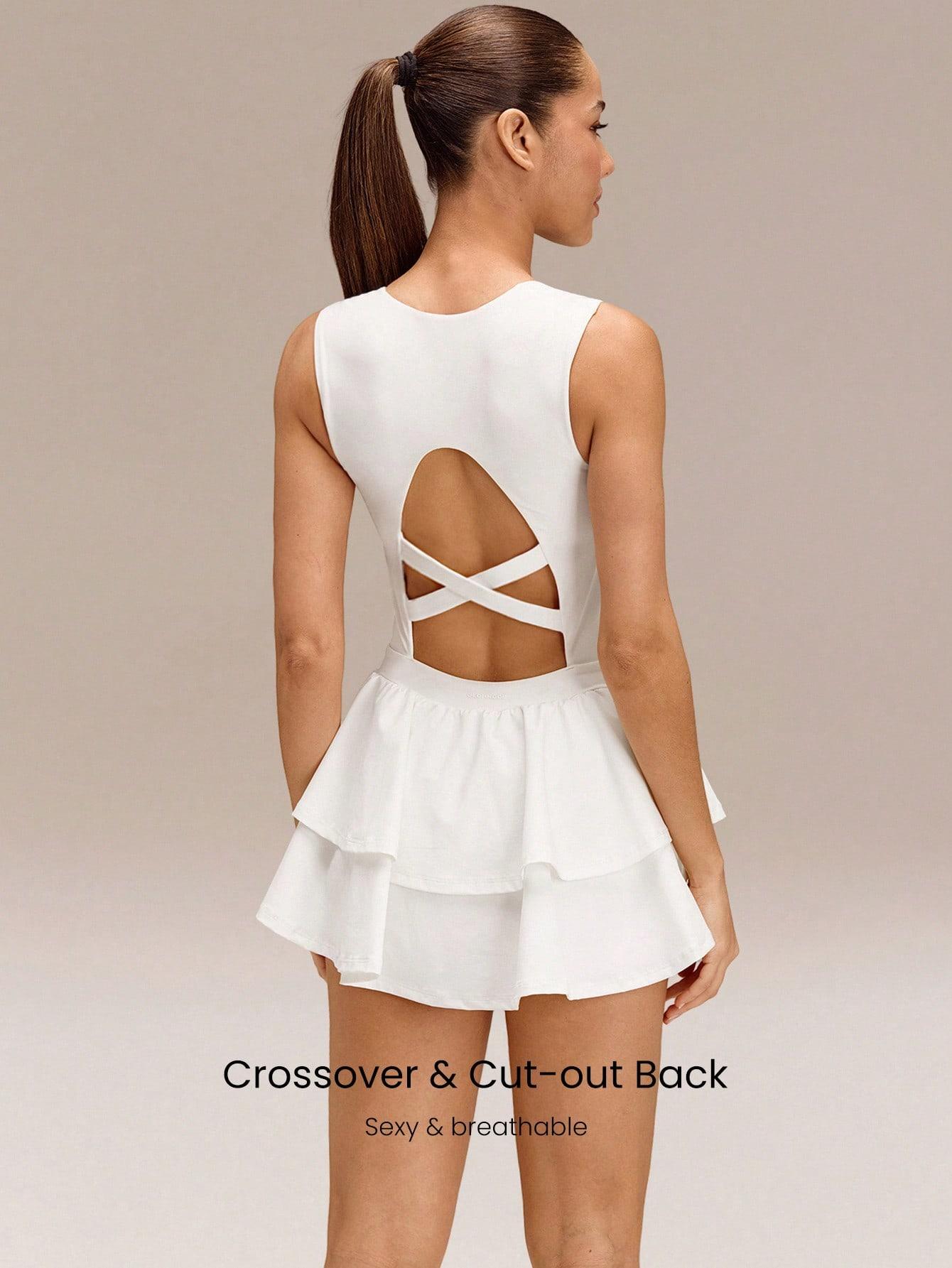 GLOWMODE Game On Buttery-Soft Quick-Dry Removable Cups Built-In Shorts Side Pockets Squareneck Cutout Back Tiered Tennis Dress Golf Pickleball Workout Gym Daily Casual Wear