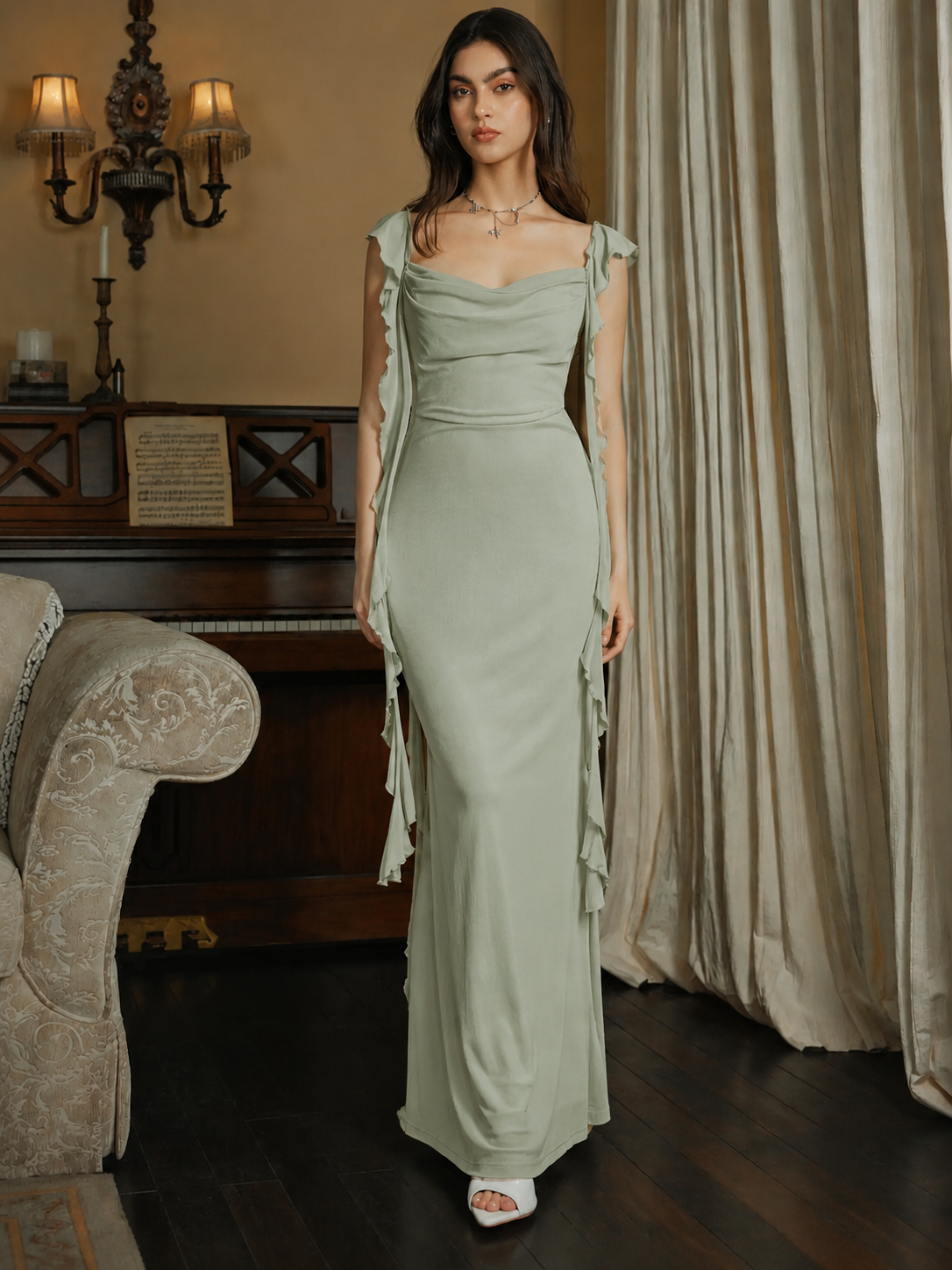 Mesh Maxi Dress with Ruffle Hem