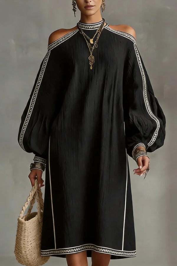 Boho Trim Lantern Sleeve Dress