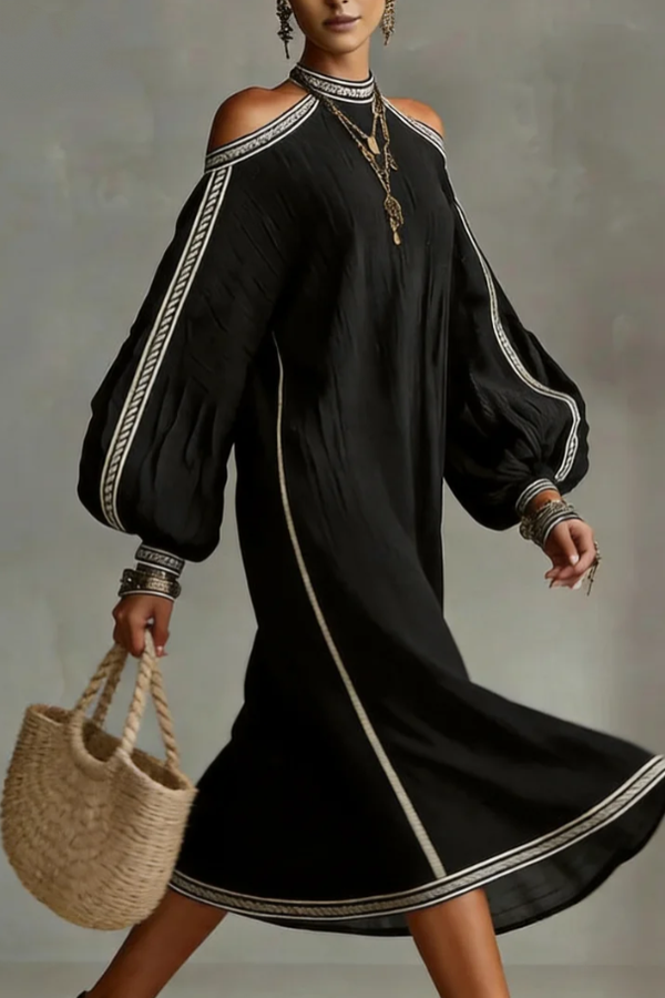 Boho Trim Lantern Sleeve Dress