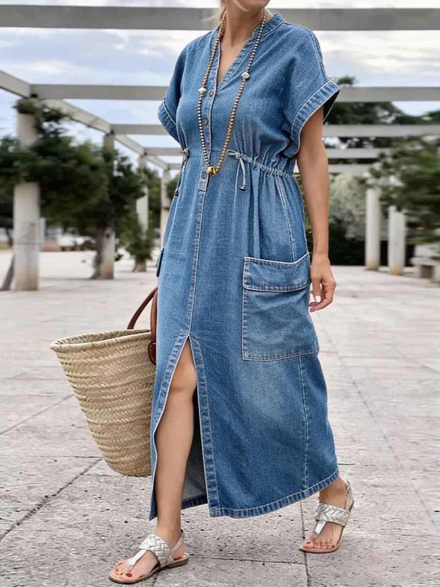 Women's V-neck Short-sleeved Drawstring Casual Loose Denim Dress