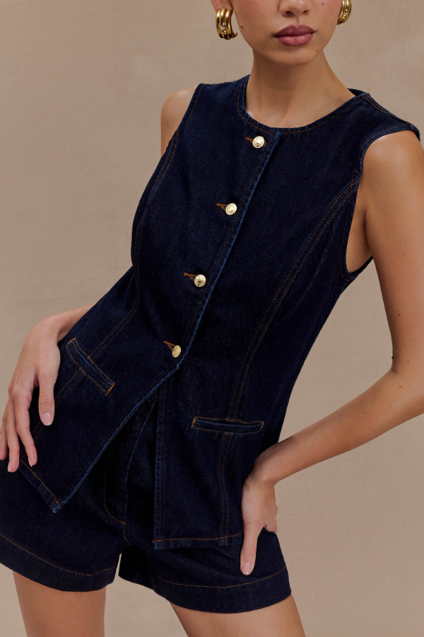 Elegant Denim Vest Shorts Set