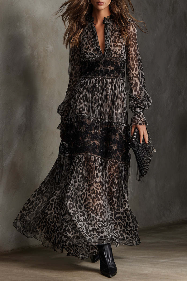 Women's Lace Leopard Print Retro Dress