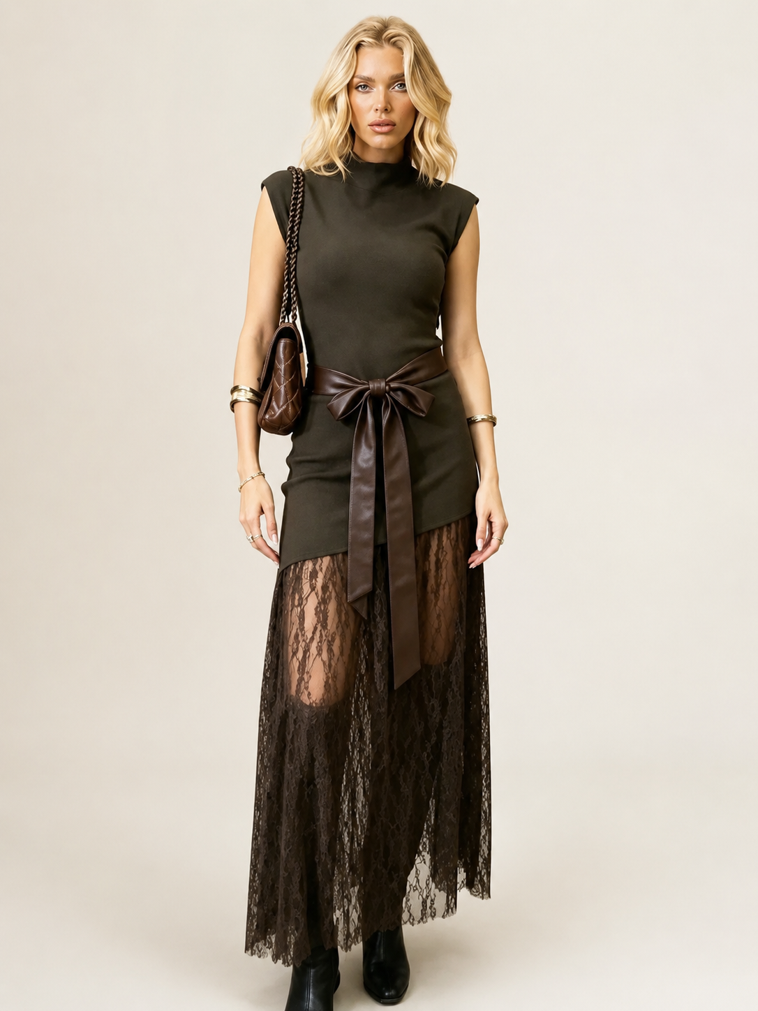 Sleeveless Lace Panel Maxi Dress