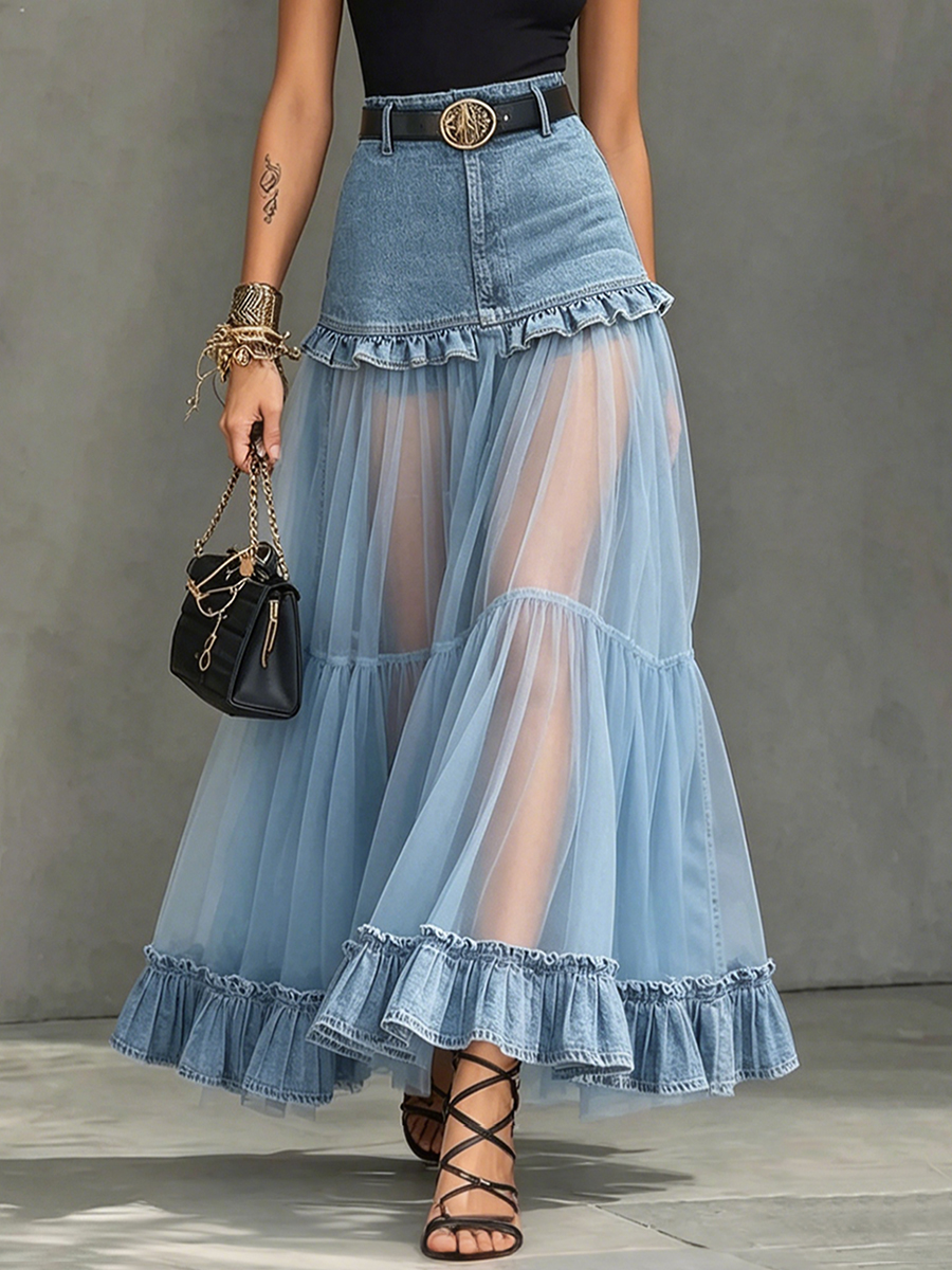 Organza Panel Sheer Contrast Denim Skirt