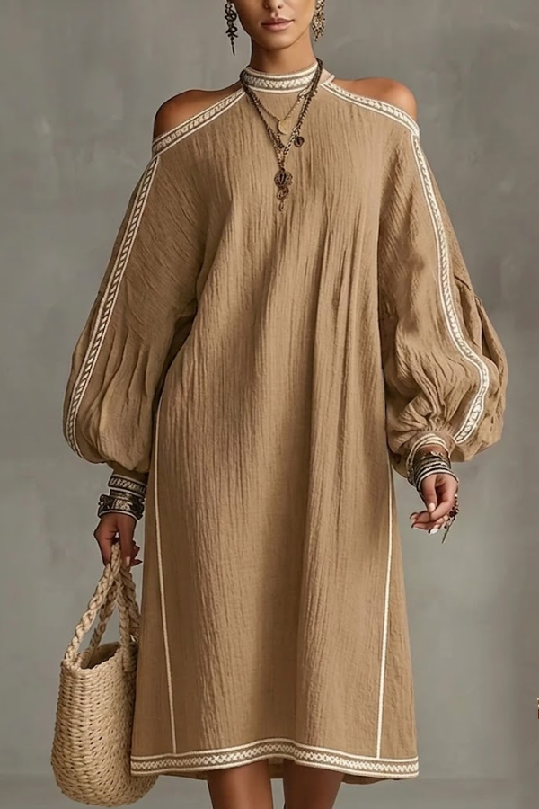Boho Trim Lantern Sleeve Dress