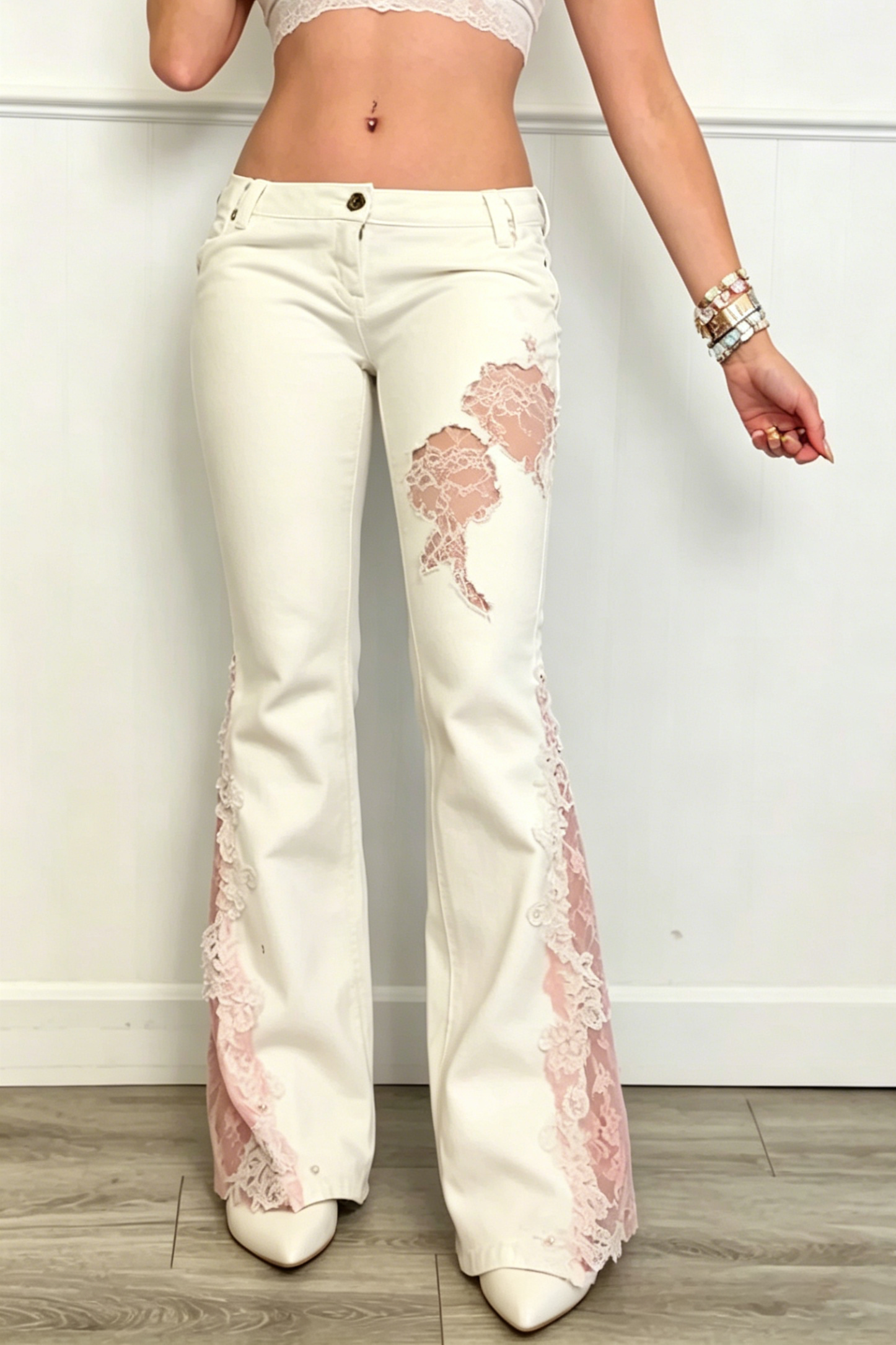 Lace-Inset Flare Jeans