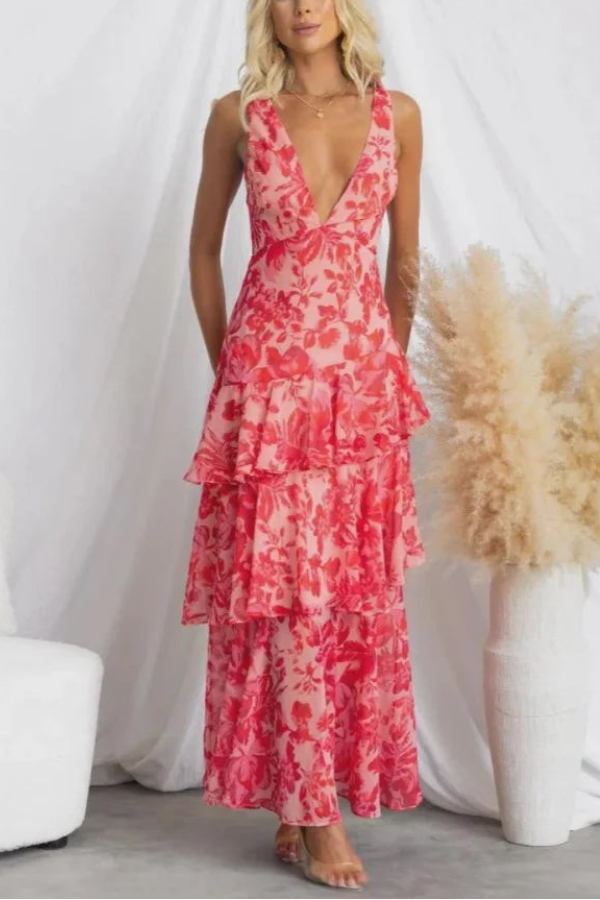 Open-Back Ruffle Floral Sling Dress