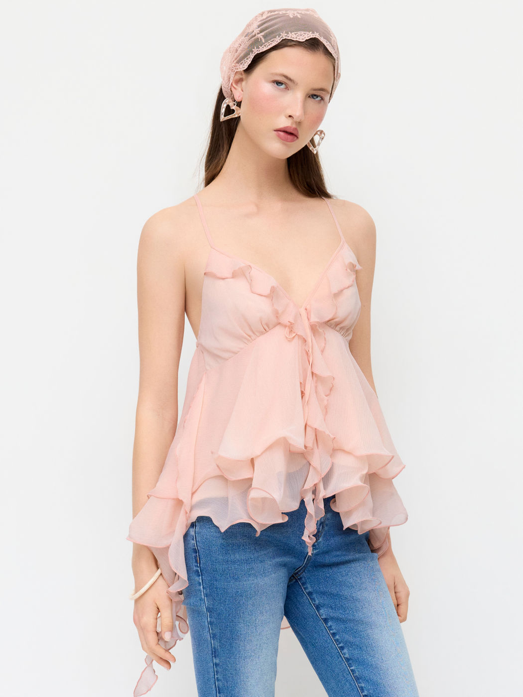 Chiffon V-neck Ruffled Hem Top
