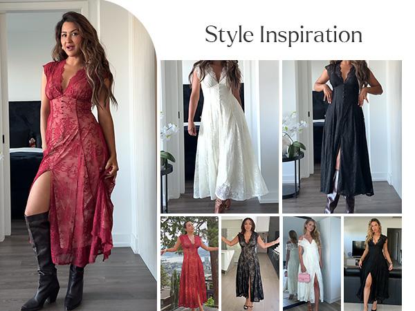 Popilush Shapewear Boho Floral Lace Front Slit Maxi Dress  A-line Silhouette with Smoothing Waist Control & Supportive Bust Design