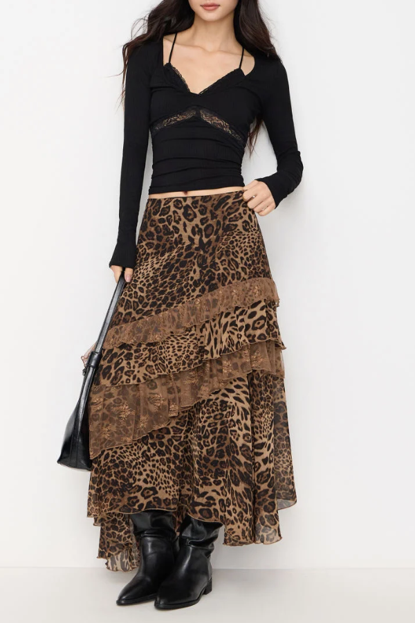 Lace-panelled Midi Skirt With Ruffled Hem