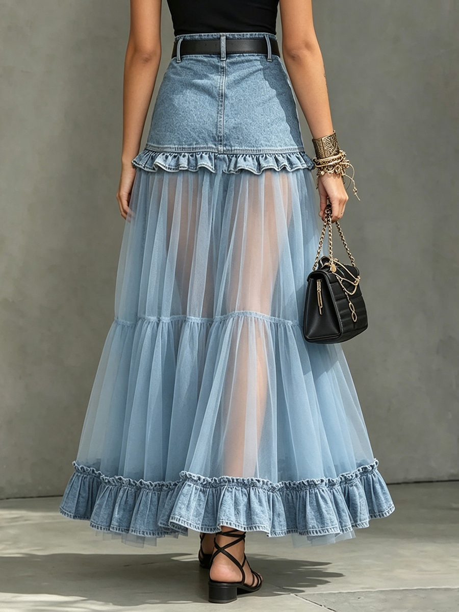 Organza Panel Sheer Contrast Denim Skirt