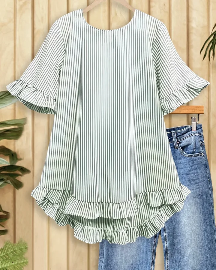Mint Boutique Striped Round Neck Urban Ruffled Blouse