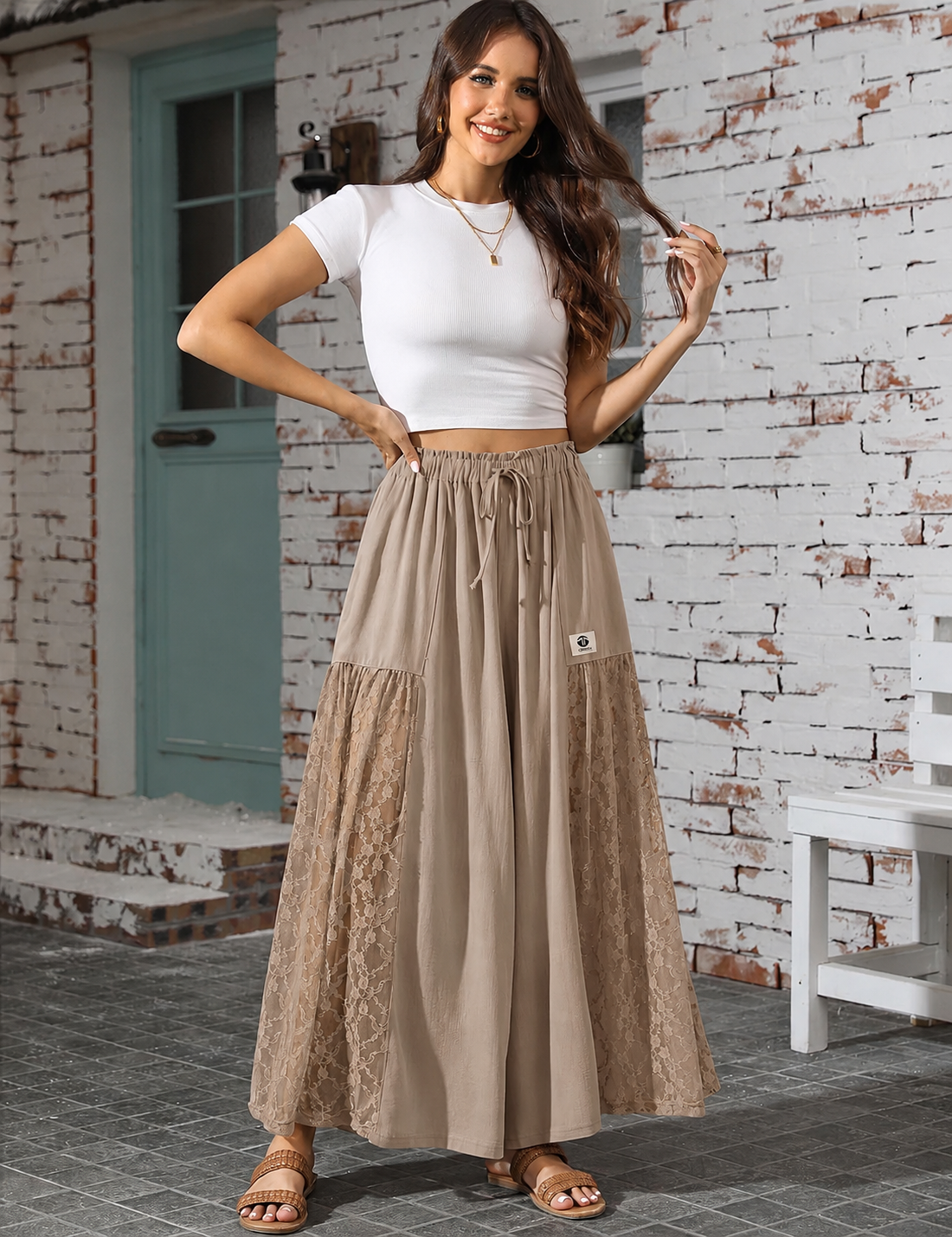 Linen Wide Leg Patchwork Lace Detail Flowy Pant
