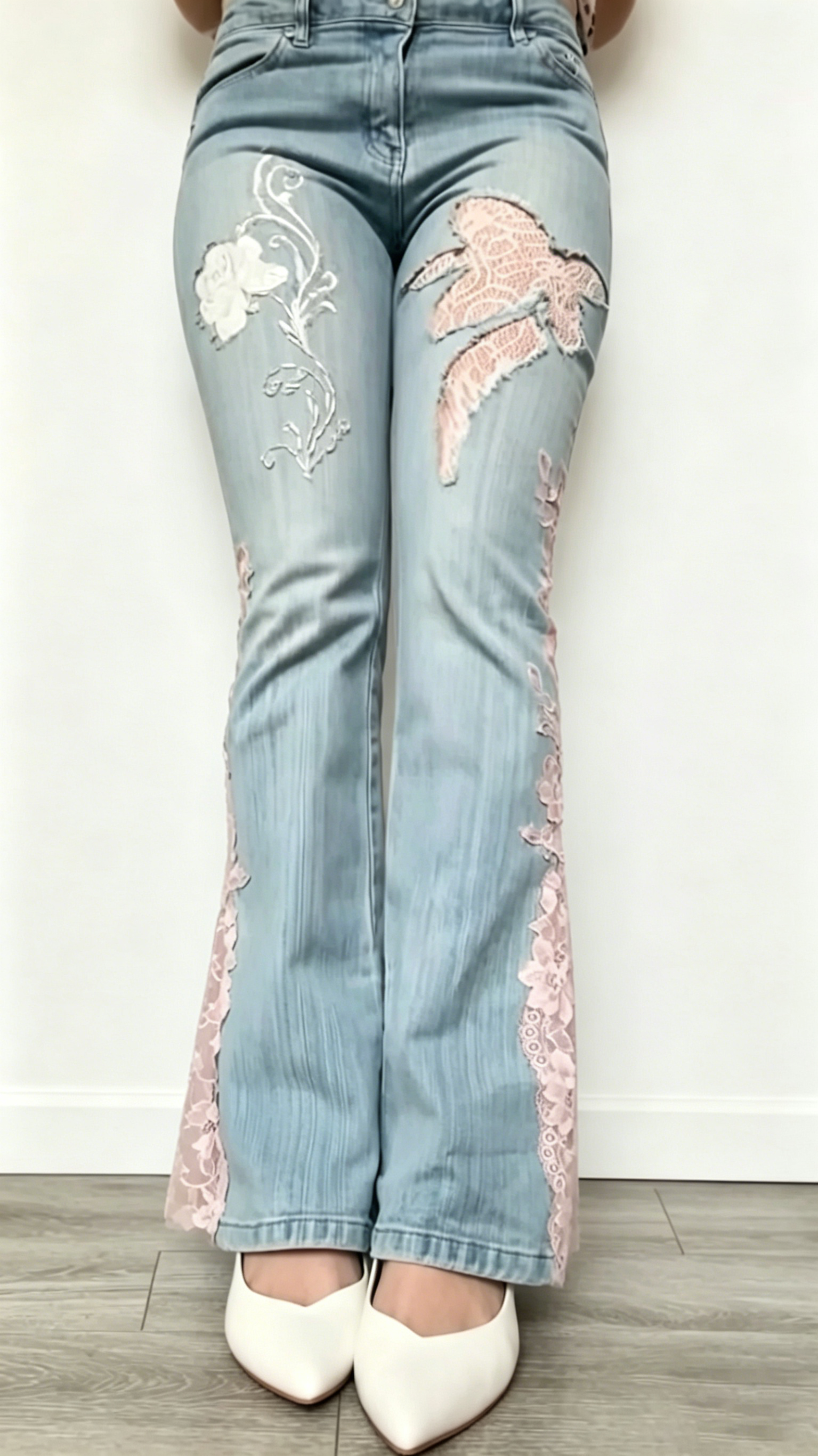 Lace-Inset Flare Jeans