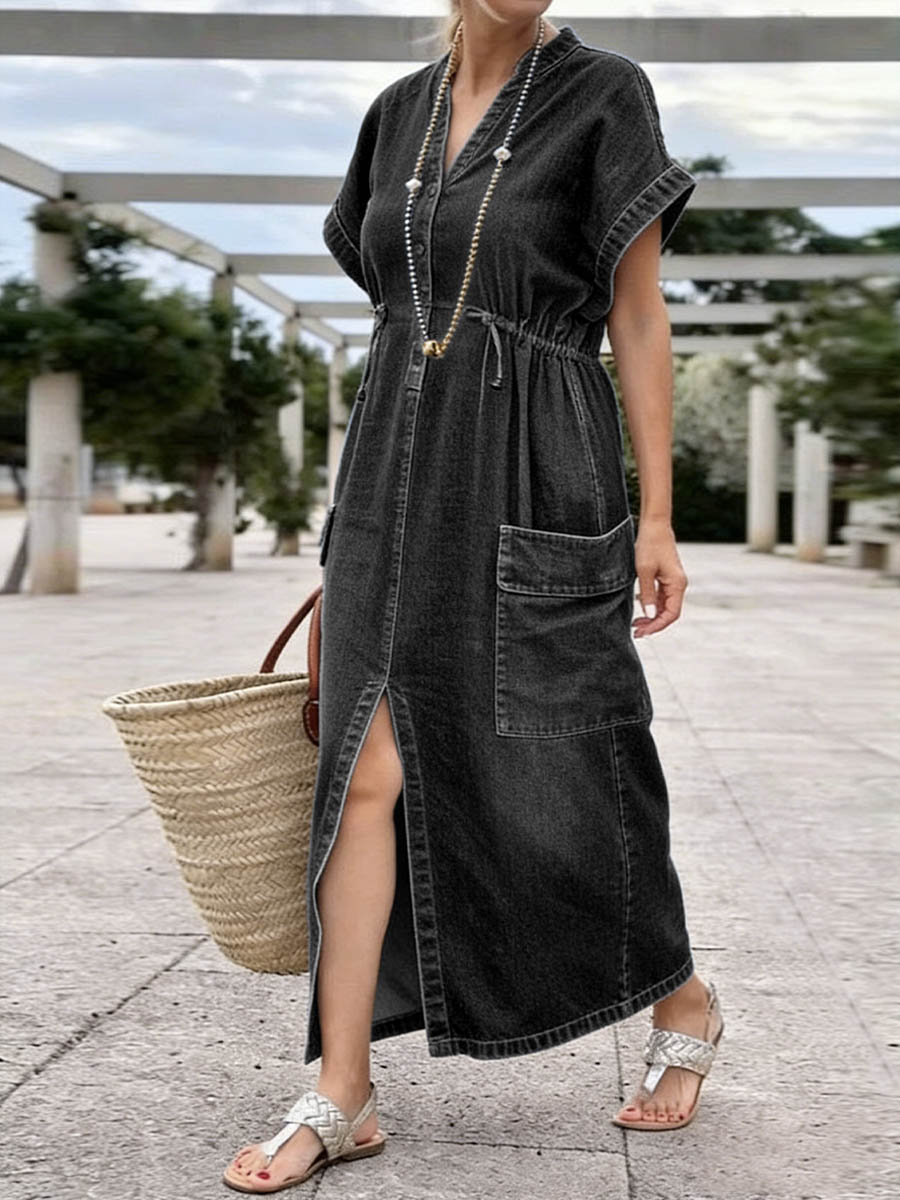 Women's V-neck Short-sleeved Drawstring Casual Loose Denim Dress