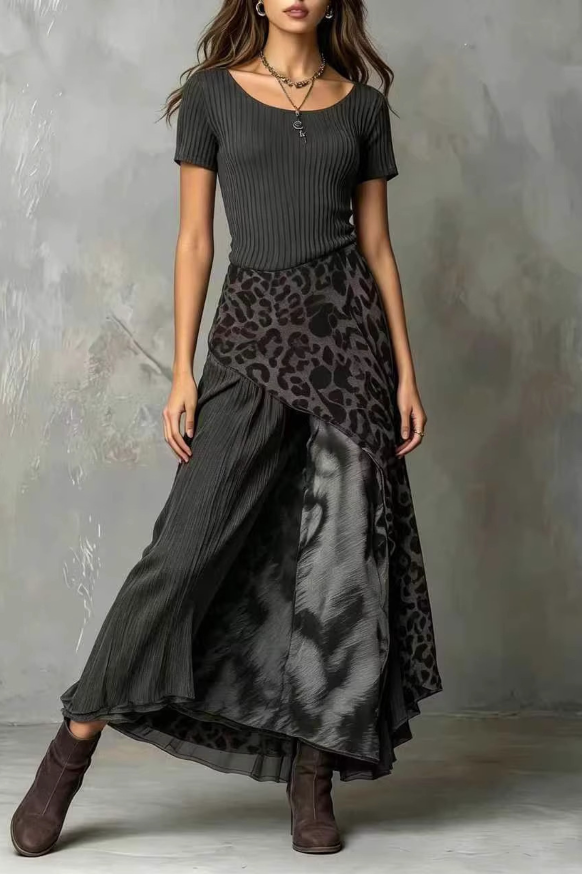 Fashion Leopard Print Stitching Casual Short Sleeve Long Dress