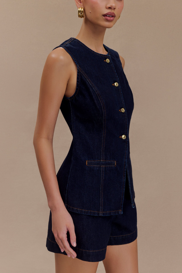 Elegant Denim Vest Shorts Set