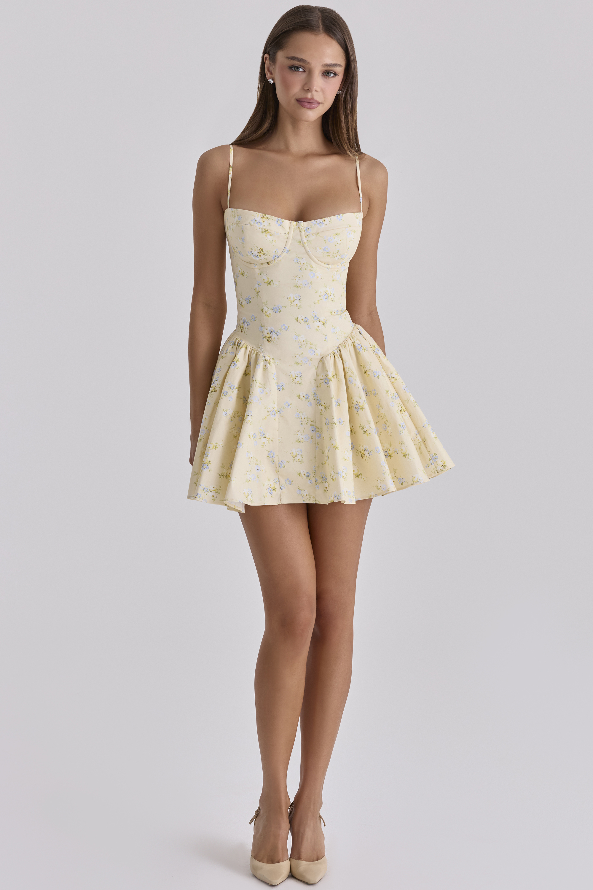 Lemon Floral Print Cotton Corset Mini Dress