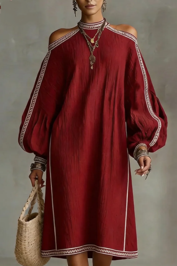 Boho Trim Lantern Sleeve Dress