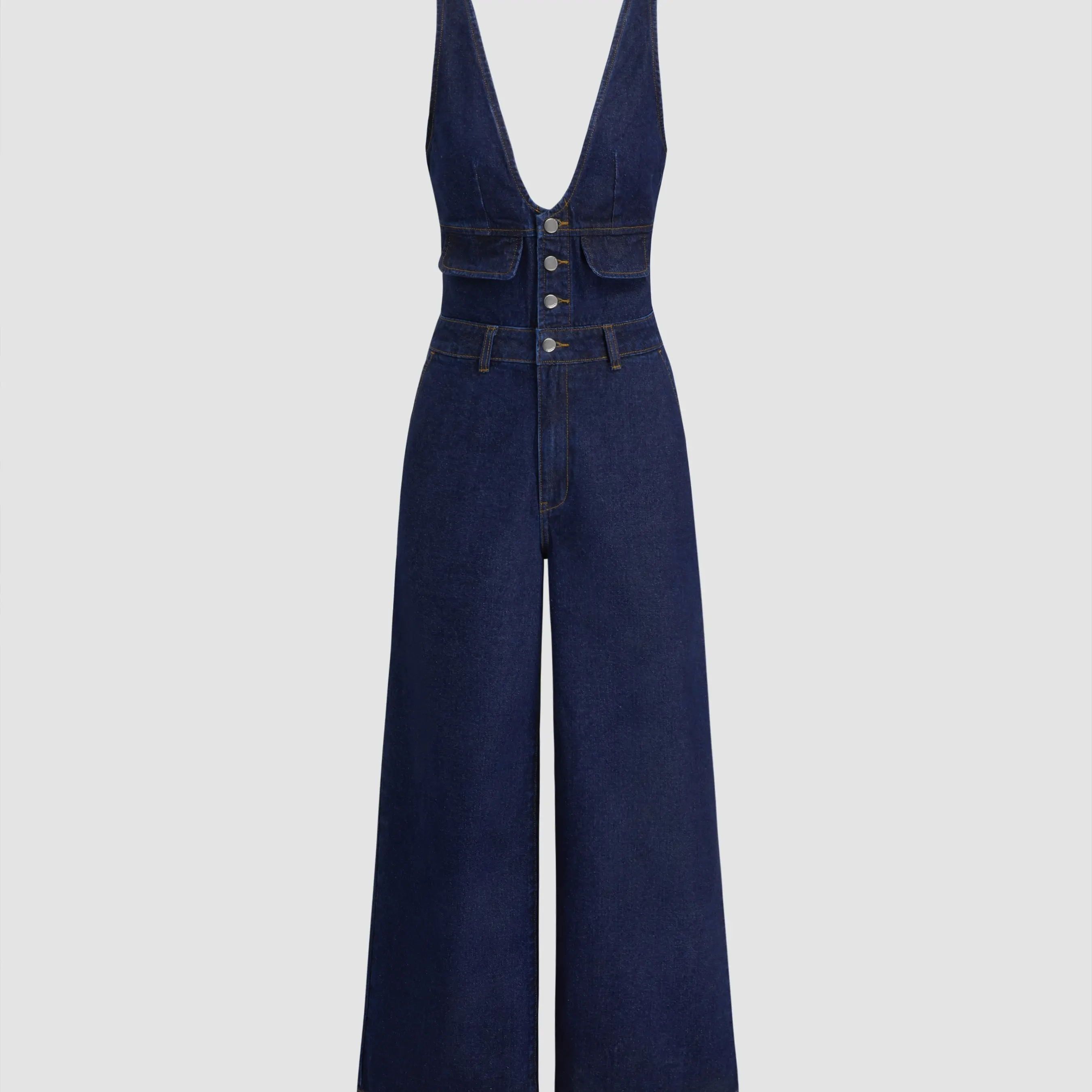 Denim V-neck Button & Pocket Wide Leg Jumpsuit