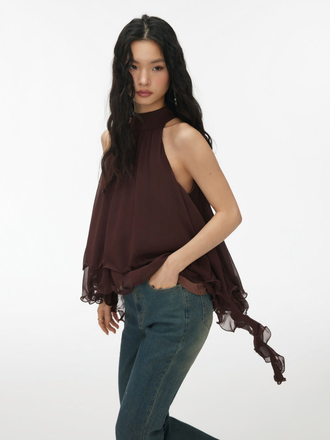 Chiffon Neck Ruffle Top