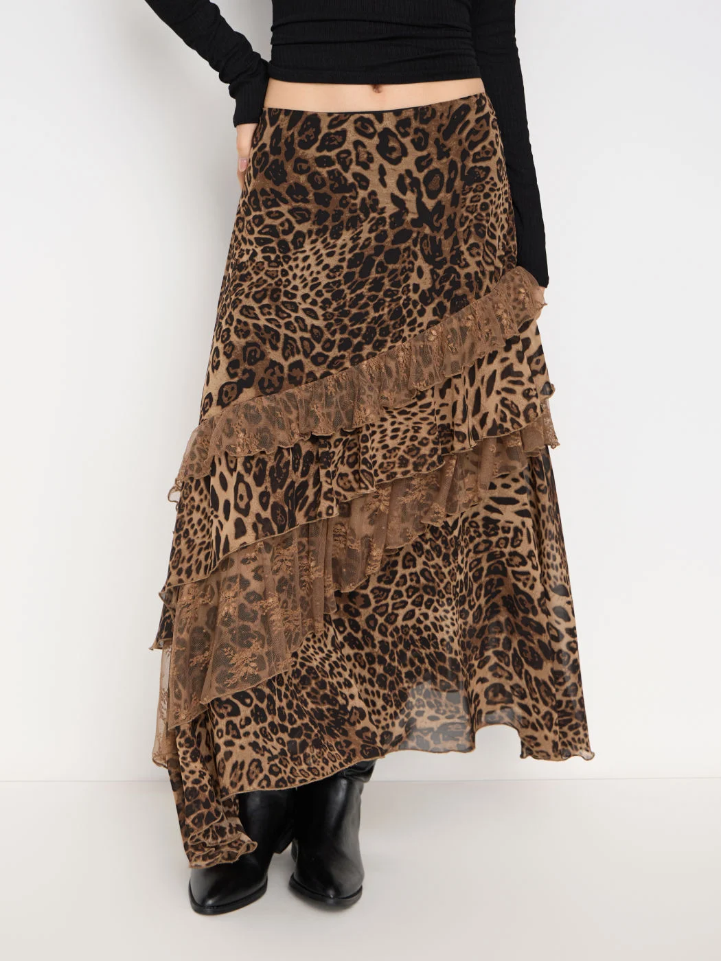 Lace-panelled Midi Skirt With Ruffled Hem