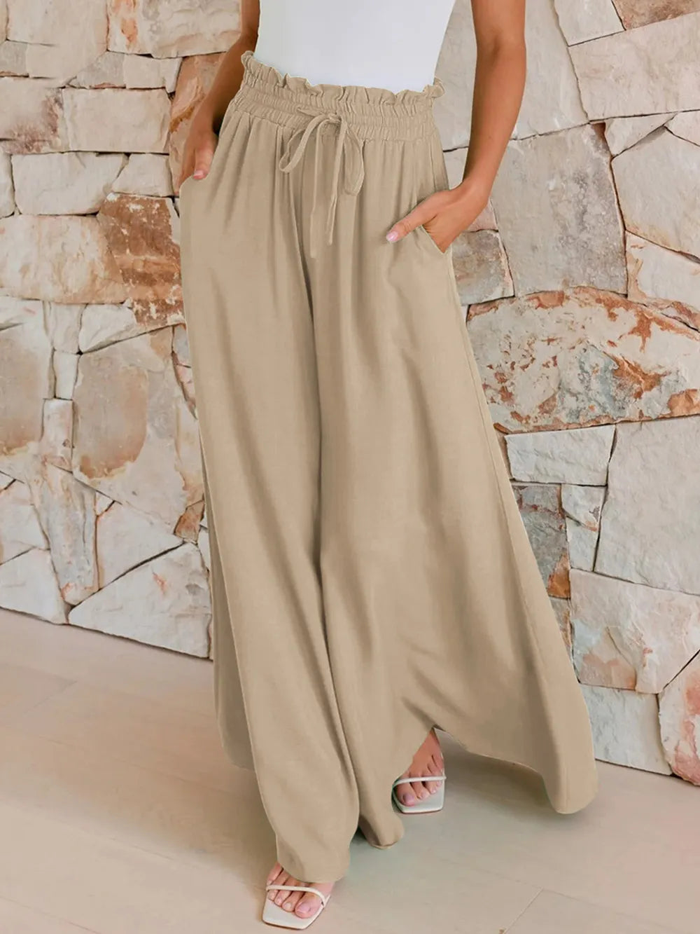 Drawstring Wide Leg Pants with Pockets