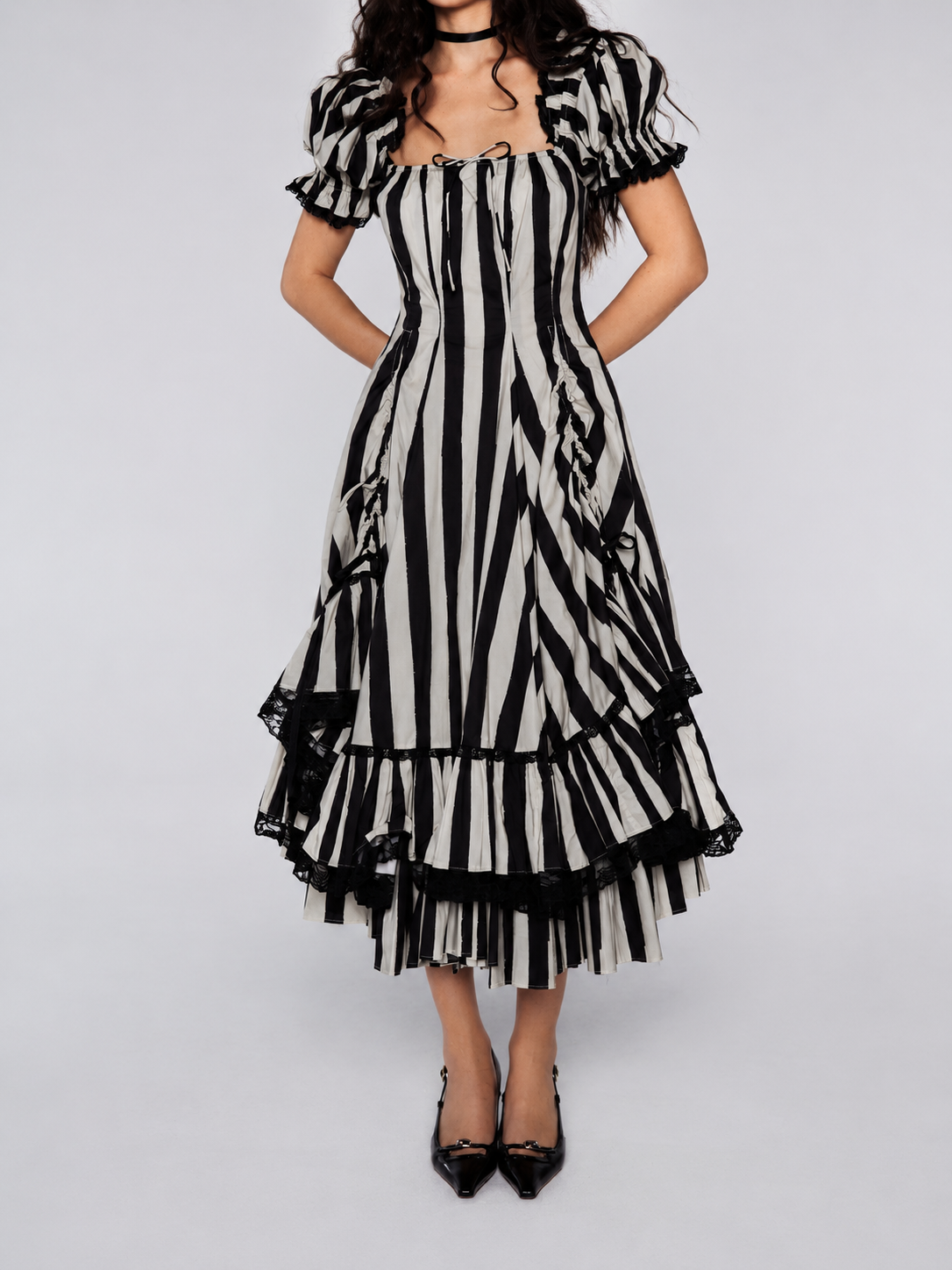 Vintage Gothic Striped Lace Midi Dress