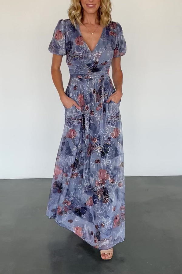 Ladies' Printed Waist Cinching And Large Swing Dress