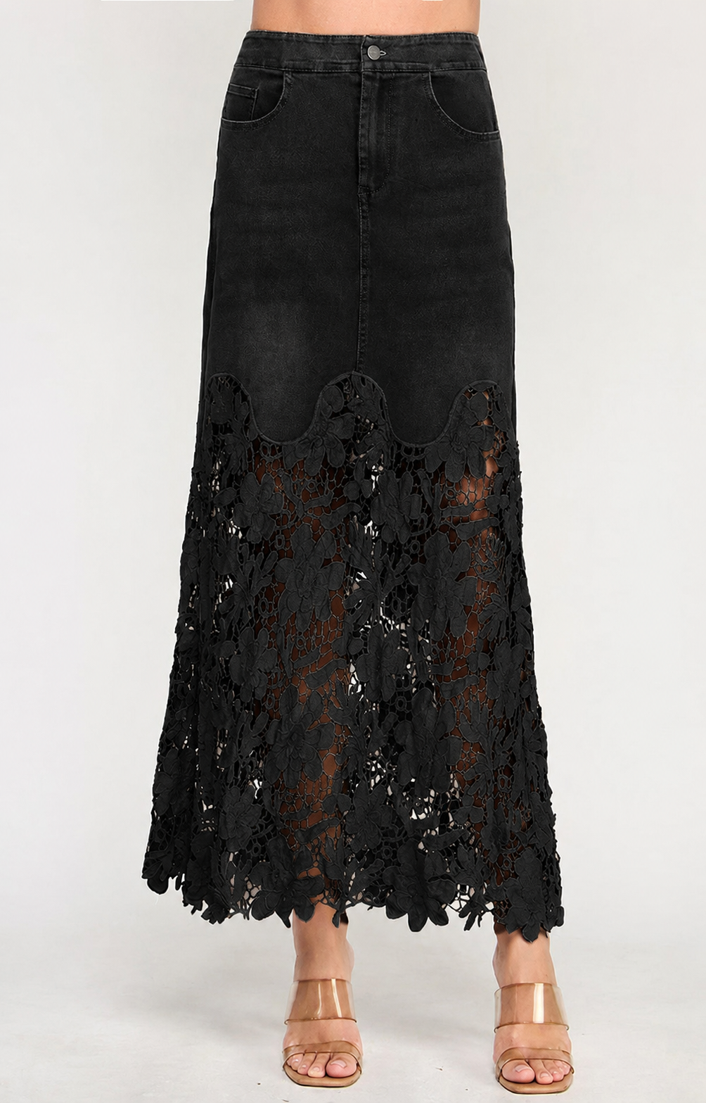 Women Lace Eyelet Patchwork Jean Skirt High Waisted Boho Floral Mesh Sheer Long Denim A Line Maxi Jean Skirt with Pockets