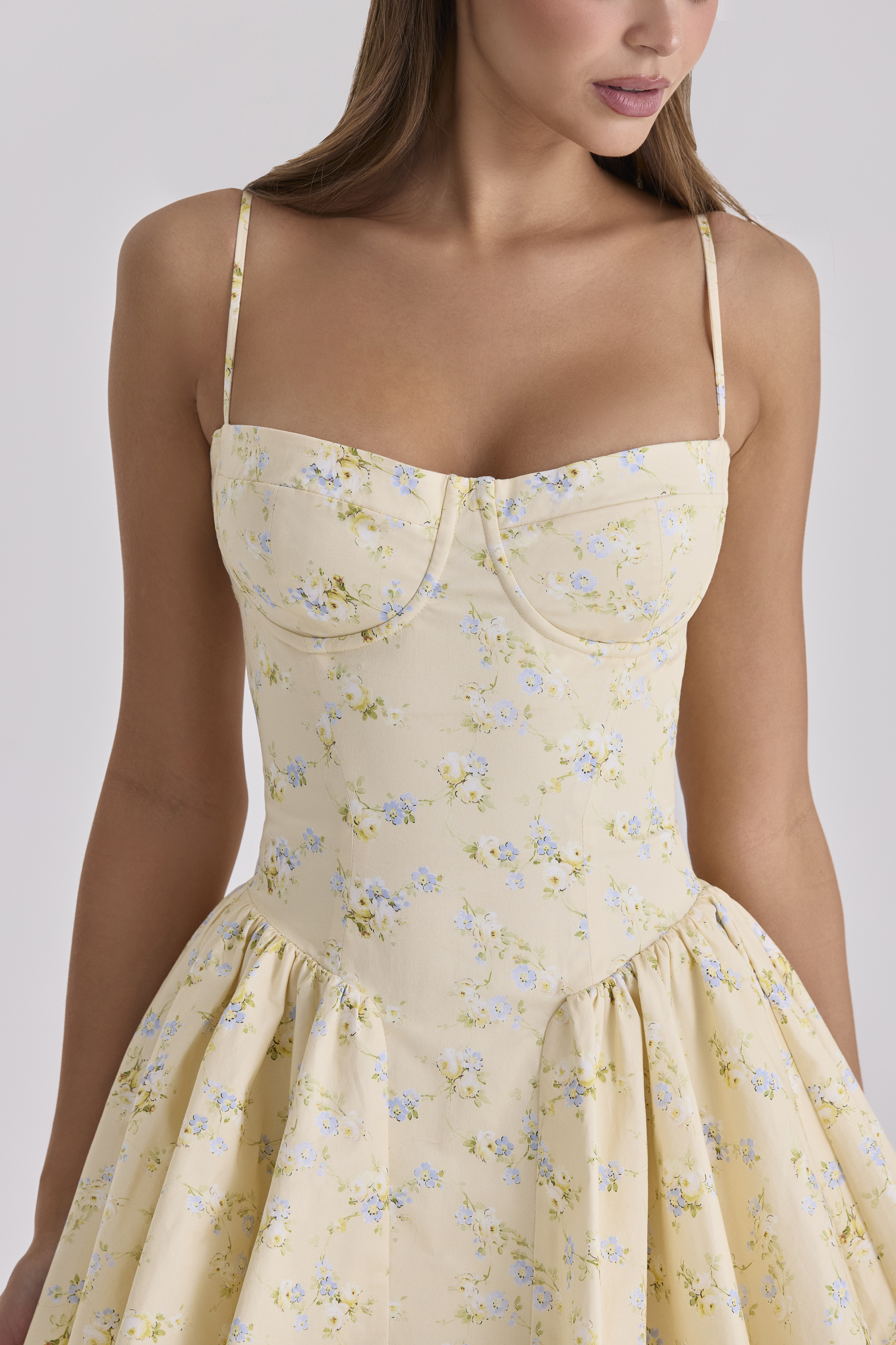 Lemon Floral Print Cotton Corset Mini Dress