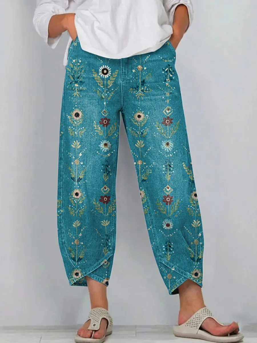 Women's Vintage Floral Art Print Jeans
