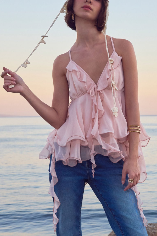 Chiffon V-neck Ruffled Hem Top