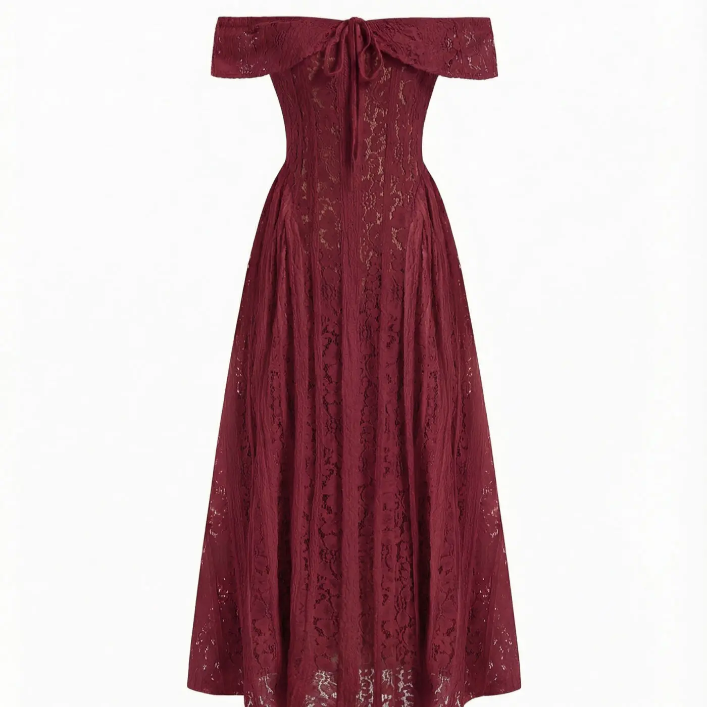 Lace Off-Shoulder Knotted Flared Maxi Dress