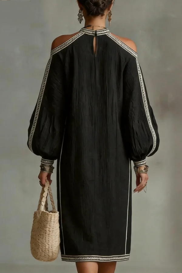 Boho Trim Lantern Sleeve Dress