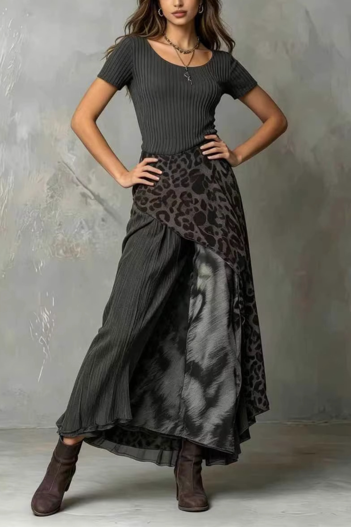 Fashion Leopard Print Stitching Casual Short Sleeve Long Dress