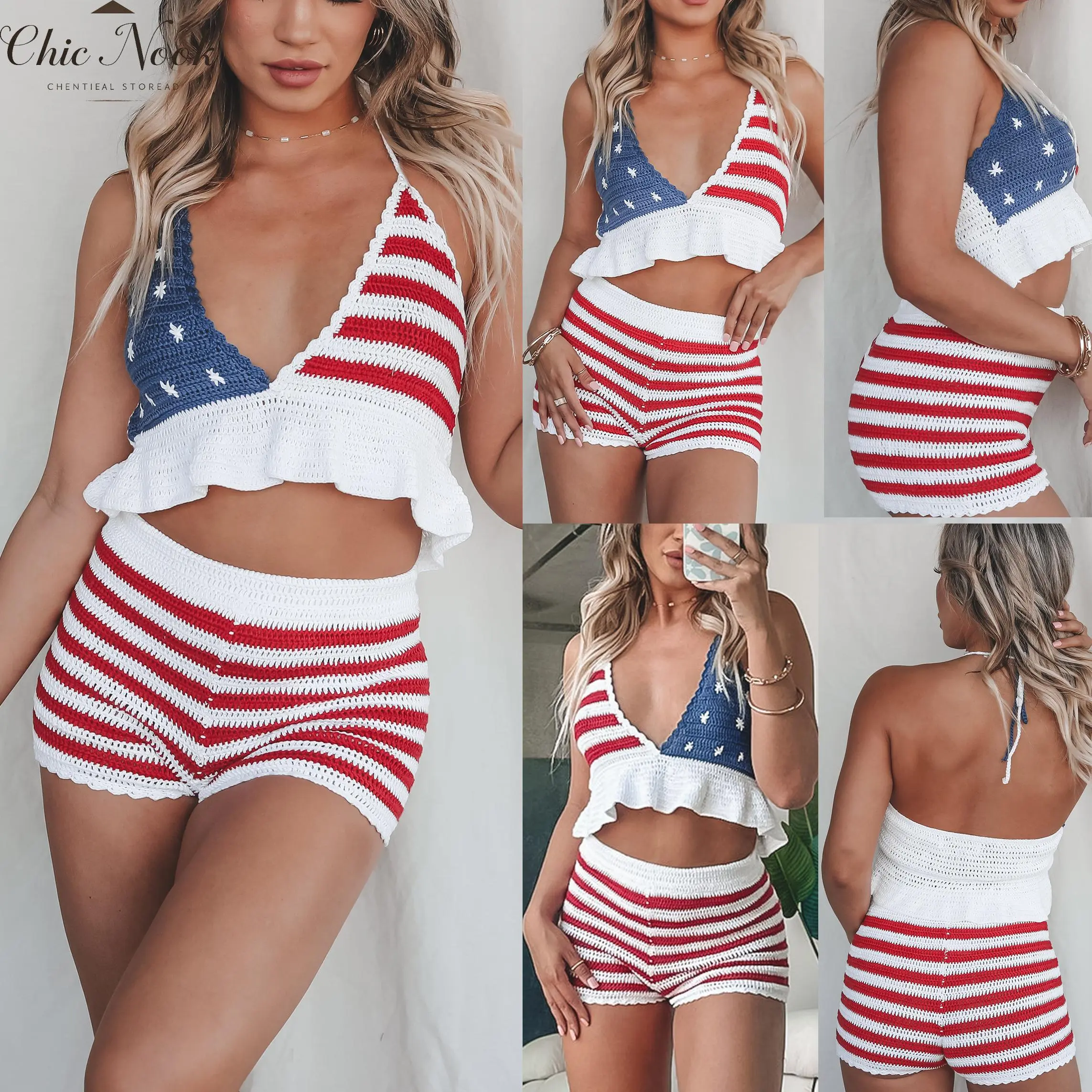 Women's 4th of July Knit Outfits Stripe Star Halter Neck Ruffled Tank Tops + Shorts
